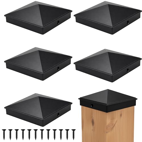 INDECKMO 4x4 Post Caps (Fits True 3.5 x 3.5 Wood Posts) - Matte Black Aluminum Pyramid Style Durable Metal Toppers for Fence Deck and Mailbox Protection (6 Pack)