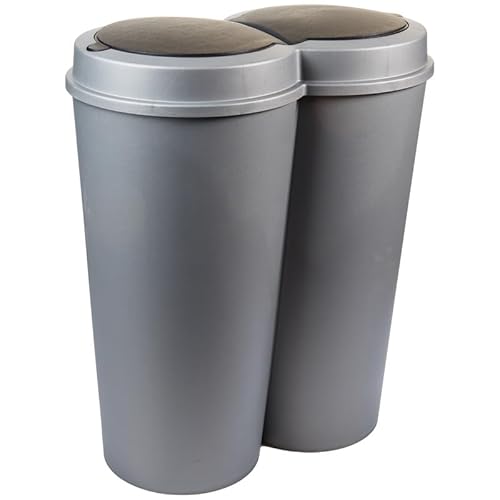 SUSTANIA Abfalleimer grau 1er 50 L mit schwarzem Schiebedeckel Ø 25cm x H 68cm – Mülleimer groß aus Kunststoff für die Küche&Büro – Müllbehälter geruchsdicht mit rundem Deckel – Made in Europe