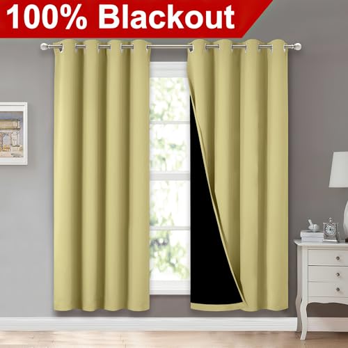 Image of NICETOWN Paler Yellow Full Shade Curtain Panels, Pair of Energy Smart & Noise Blocking Out Blackout Drapes for Dining Room Window, Thermal Insulated Guest Room Lined Window Dressing, 52 x 72 inch