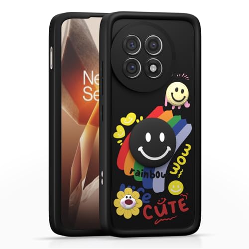 Image of Pikkme Back Cover for OnePlus 13R 5G | Soft Silicone| Cute Rainbow Smile & 3D Cartoon Flower Design | Shockproof Raised Camera Protection Bumper Case (Black)