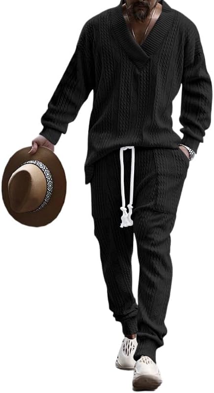 Suéter Jacquard de cuello V para hombres y pantalones largos conjuntos de dos piezas de punto de otoño e invierno