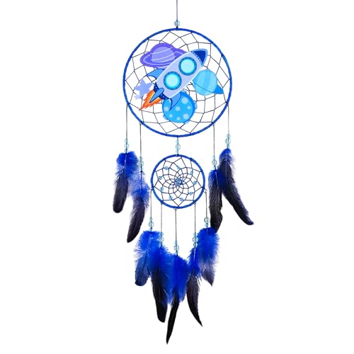 Basumee Dream Catcher for Kids Feather Dream Catchers Handmade Home Decor Wall Hanging with Double Ring for Nursery Bedroom Boys Room, Blue Rocket