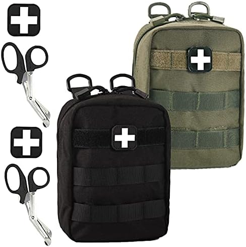 Medical Pouch - 1000D Tactical MOLLE EMT Pouches First Aid IFAK Utility Bag with First Aid Patch and Shear (2 Pack Black+Green)