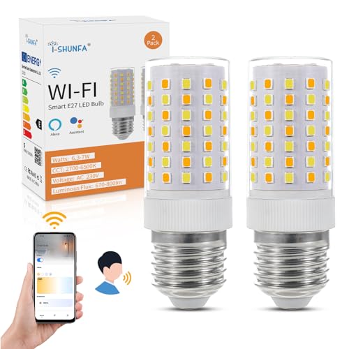 Lampadina LED Smart E27, compatibile con Alexa/Google Home, AC 230 V, dimmerabile, 2700 K-6500 K, luminosità regolabile 1%-100%, 6,3-7 W, 670 lm-800 lm, Smart Home LED pannocchie (confezione da 2)