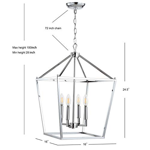 Image of JONATHAN Y Pagoda 4-Light Pendant 16 inch Cage, Chrome | Traditional Metal Farmhouse Hanging Lantern Ceiling Fixture, Adjustable Chain Link, For Kitchen Island, LED Bulb Included