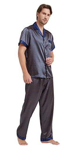 Men's Silk Satin Pajama Set Short Sleeve Loungewear Button Down Sleepwear with Long Pants2