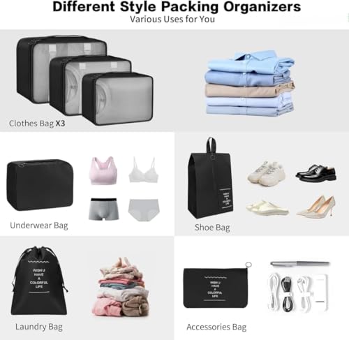 Image of 7 Pcs Travel Organizer Bag Set for Luggage | Waterproof Packing Cubes for Clothes, Shoes & Toiletries | Foldable Travel Storage Bags for Men & Women | Black Travel Pouch Set (BLACK)