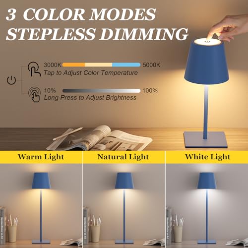 Image of Kakanuo Cordless Rechargeable Table Lamp Navy 5000mAh Battery Operated Lamps, 3 Colors Stepless Dimming Touch Lamp for Living Room, Kitchen Counter, Dining, Outdoor Patio, 2 Pack