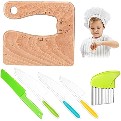 8 Pieces Wooden Kids Kitchen Knife Include Wood Kids Knife Plastic Potato Slicers Cooking Knives Serrated Edges Toddler Knife Kids Plastic Knife for Kitchen Children (GRENN) Cover