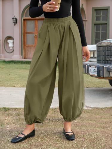 Image of Fisoew Womens Wide Leg Balloon Pants Casual Barrel Elastic Waist Pleated Baggy Workout Sweat Pants with Pockets