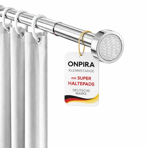 Onpira® Duschstange ohne Bohren – Rostfreie Duschvorhangstange & Gardinenstange zum Klemmen | 5 Längen 40–230 cm | 3 Farben: Schwarz, Weiß & Edelstahl | Starker Halt bis 12 kg