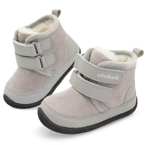 XIHALOOK Toddler Boys Girls Winter Boots Cold Weather Kids Warm Faux Fur Shoes with Two Hook and Loop