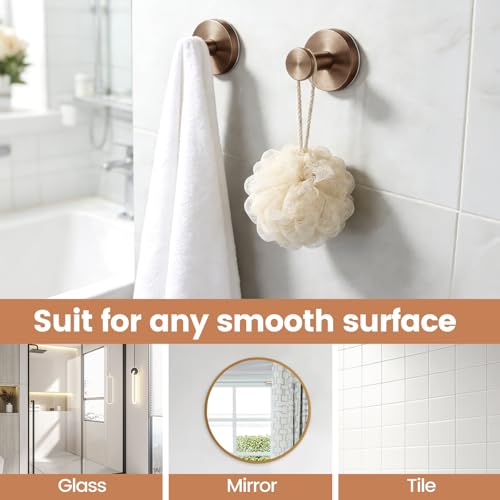 Image of BKV Suction Cup Hooks for Shower,Reusable Shower Suction Hooks,Heavy Duty Towel Hooks for Bathroom Wall,Glass,Door,Window,Mirror-Strong Suction & No Drill(4 Pack,Champagne Bronze)