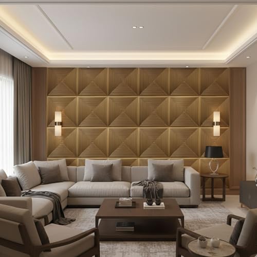 Image of Kayra Decor 3D PVC Wall Panels for Bedroom & Living Room | Line Design |Gold Color | 19.7 x 19.7 Inch | Pack of 40 | 107.60 Sq Ft