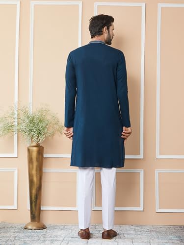 See Designs Men's Long Sleeve Mandarin Collar Side Slit Dark Blue Thread & Sequin Worked Pure Cotton Straight Kurta - Sdkt2533M