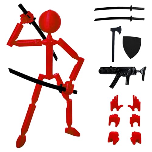 QAONIE 3D Printed 5.67-inch Matchstick Figure, Full Body Mechanical Movable Toy with 5 Weapons and 3 Hand Shapes, Desk Decoration.