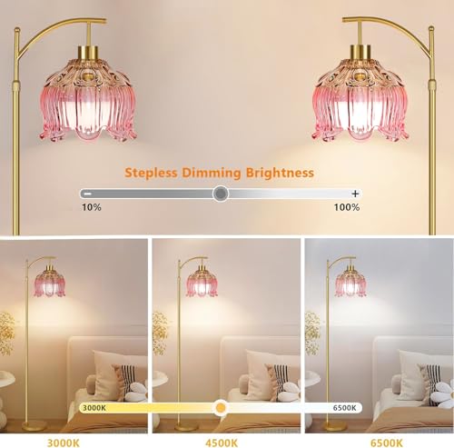 Image of QIYIZM Pink Floor Lamp for Living Room,Bedroom,Glass Gold Dimmable Standing Lamp with Remote,Mid Century Modern Brass Tall Lamp Boho Floor Lamps Arc Stained Tulip Flower Floor Light Lamp Bohemian