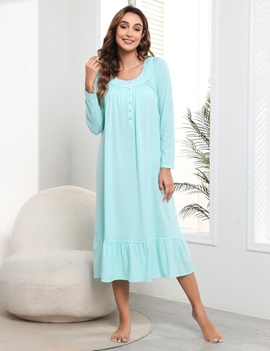 MZROCR Cotton Nightgowns for Women Soft Long Sleeve Night Gowns for Adult Women Comfy Night Shirts Lightweight Sleepwear3