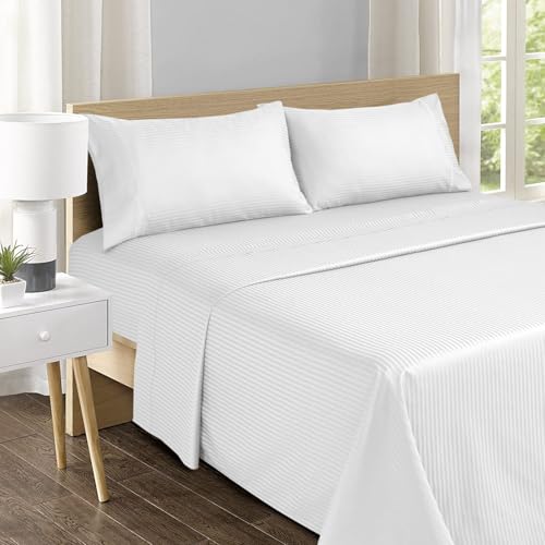 Image of Feather & Stitch 500 TC Queen Size Damask Bed Sheet Set, 100% Cotton Soft Breathable Bedsheets, 4 Piece 18 inch Deep Pockets Sateen Weave Striped Bedding Mattress Resort Hotel- (White Stripe)
