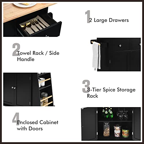 Costway Kitchen Island On Wheels, Utility Trolley Cart With Adjustable Shelf, 2 Drawers, 3-Tier Spice Rack, Towel Rack, 2-Door Cabinet, Rubber Wood Countertop, Lockable Casters For Dining Room (Black) #TOP4