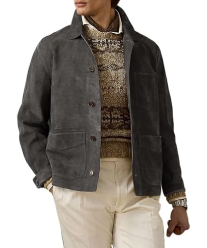 Hide & Seek Men's Vintage Shirt Collar Classic Button-Up Design Casual Long-Sleeve Suede Leather Jacket