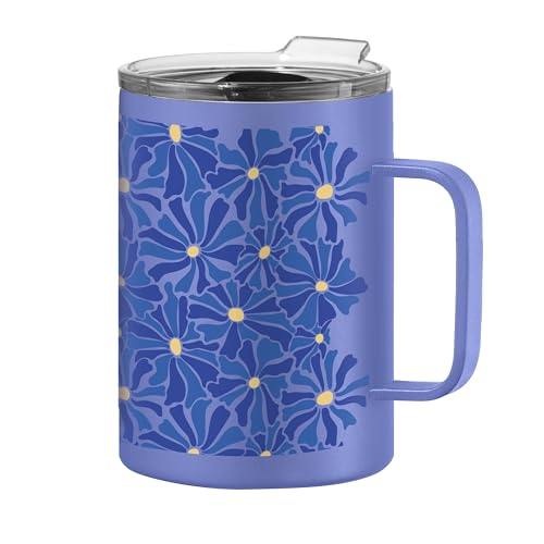OGGI ThermoMug - Taza aislada de acero inoxidable, doble pared aislada al vacío con asa y tapa, taza de café, taza de camping, termo de viaje, 14 onzas, azul floral