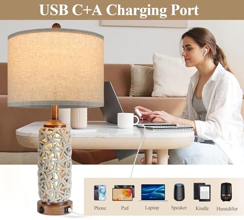 WEITERS 26'' Bedside Table Lamps Set of 2, Bedroom Lamps for Nightstand with USB C+A, Boho Table Lamp for Living Room, Coastal Nautical Lamp with Starfish Pattern, Farmhouse Lamp with Nightlight - Image 2