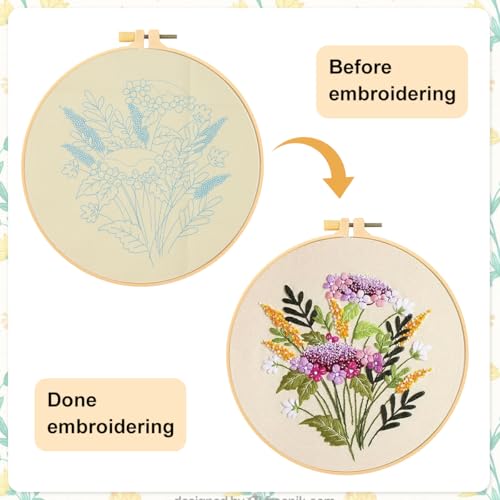 Image of HASTHIP Embroidery Kit for Beginners, Flower Canvas, 20cm Hoop Set | Guided Stitching Practice, Floral Canvas Design, Colour Yarns, Needles and Tutorial, Creative Home Craft Activity