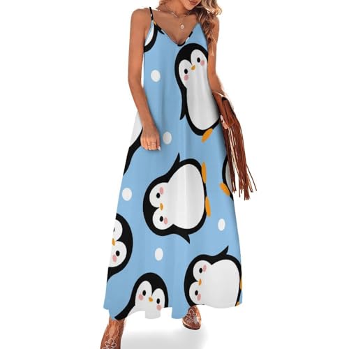 Robe maxi col V décontracté avec motif pingouin mignon et coupe fluide d'été