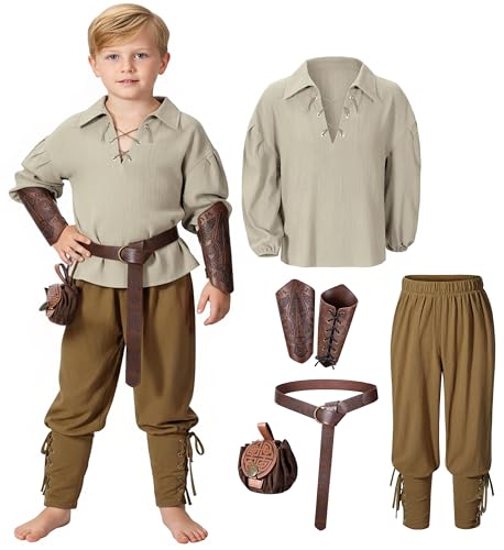 Kids Medieval Viking Pirate Renaissance Tunic Pants Accessories Costume for Boys Cosplay 10-12 Years MIB-ZOH Beige Brown