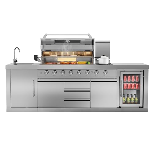 CT Copper Tailor 6-Burner Outdoor Kitchen BBQ Grill Island 99,000 BTUs with Sink, Fridge, Rear Burner, Side Burner, Storage Cabinets & Drawers, Cover, Stainless Steel