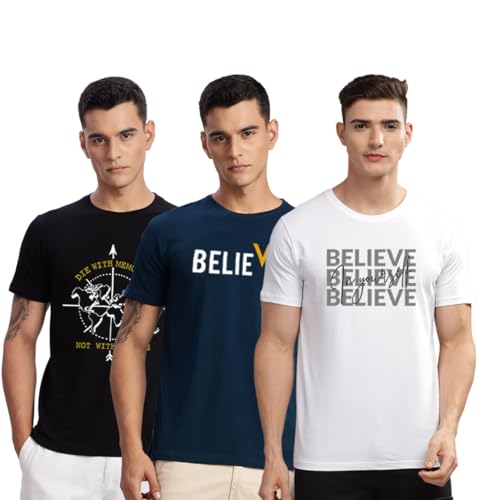 Image of ADRO 100% Cotton Lycra Tshirts for Men Combo Pack of 3 | Regular Fit | Printed T Shirt | Round Neck Half Sleeve| Mens Tshirts