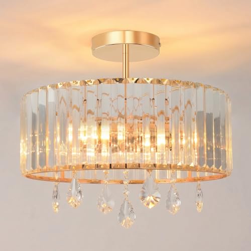 ANWIO Lustre Cristal Doré, E27 Lustre Salon Moderne, Plafonnier Led Ø365mm, Luminaire Plafonnier Salle à Manger, Cuisine, Chambre