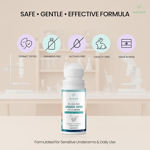Image of SkinSide 5% AHA-BHA Under Arm Roll On for Dark Underarms | Brightening & Odour Control | Niacinamide + 2.5% Lactic Acid + 2.5% Glycolic Acid | Gentle Exfoliation & Hydration | Alcohol-Free | 50 ml