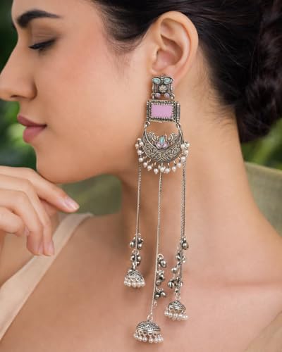 Image of Kashmiri Earrings for Women |Square Stone Fan Chain Earring | Ethnic Oxidised Silver Long Chain for Girls Bridal Festive |Gift for Girls Women