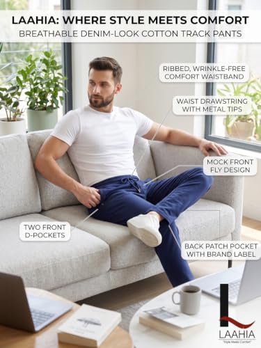 Image of Men's Regular Fit PC Denim-Look Track Pants| Lightweight & Breathable Cotton Fabric| Perfect for Casual Outings, Lounge & Night Wear (PC-Denim)