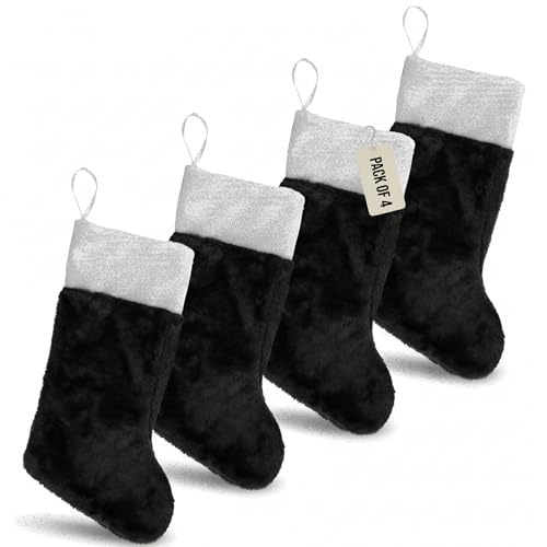 Iconikal 4-Pack Black 18-Inch Plush Fabric Christmas Stocking, Soft White Cuff, Holiday Decor