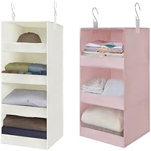 GRANNY SAYS Bundle of 1-Pack Beige 4 Shelf Hanging Closet Shelves & 1-Pack Pink 3 Shelf Hanging Closet Organizr
