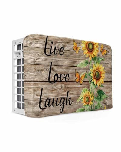 Sunflower Rustic Indoor Air Conditioner Covers, Vintage Wooden Window AC Unit Cover with Drawstring Double Insulation, Flowers Butterfly Waterproof Air Conditioner Covers for Inside 25Lx18Hx3.5D