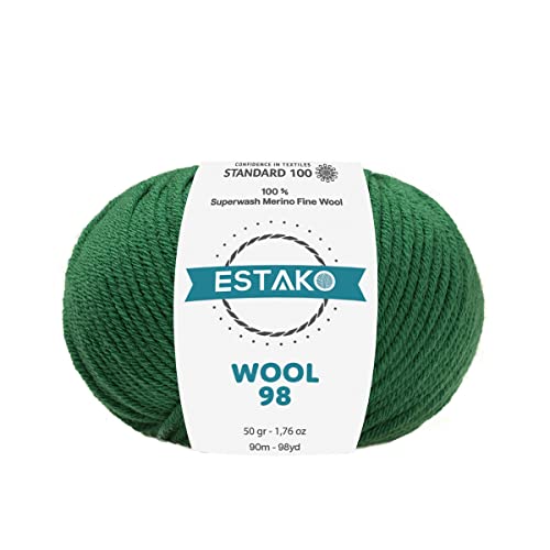 Estako Wool 98 . 100 % Superwash Merino Wool Medium Worsted Weight Soft Knitting And Crochet Yarn 1.76 Oz (50Gr) 98 Yds (90 M) (6373-Green) #TOP27