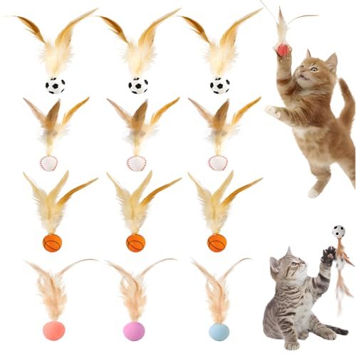 YESTARTDS Pelotas Saltarinas con Plumas para Gatos 12 Piezas Divertido Pelota De Juguete para Gatos con Plumas Pelotas Interactivas Suaves Y Flexibles para Juguete Interactivo Gato