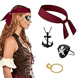 TAIVIN Accessoires de Costume Pirate pour Femmes – Set de 4 Pièces avec Bandana,Cache œil,Collier Ancre & Bague pour Carnaval, Halloween & Soirées Déguisées