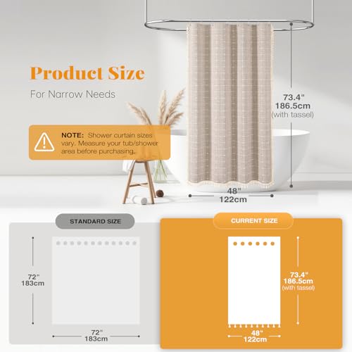 Image of BTTN Boho Shower Stall Curtain - 48x72 Narrow Linen Ultra Thick Tassel Fabric Shower Curtain Set with 8 Plastic Hooks, Half Camper RV Modern Farmhouse Country Shower Curtains for Bathroom, Taupe /Tan