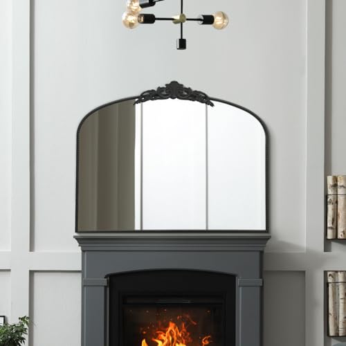 Espejo de pared clásico arqueado con marco de metal negro con corona de 102 cm x 80 cm, marco de 2 cm de ancho y 3 cm de profundidad