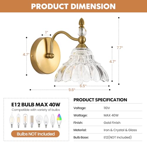 Image of Vintage Wall Sconce Set of 2, Matte Brass Finish Bathroom Wall Sconce, Modern Wall Mount Lamp Light, Indoor Hardwired Vanity Wall Lighting for Bedroom Living Room Hallway