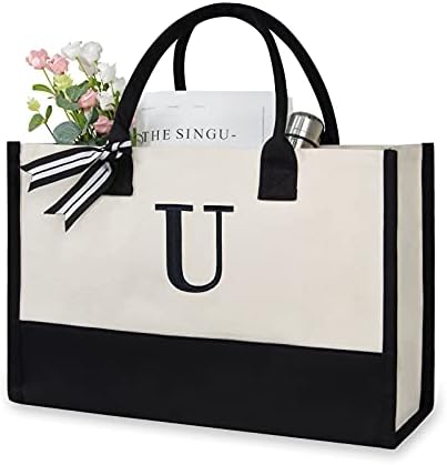 Personalized Initial Canvas Beach Bag, Monogrammed Gift Tote Bag for Women