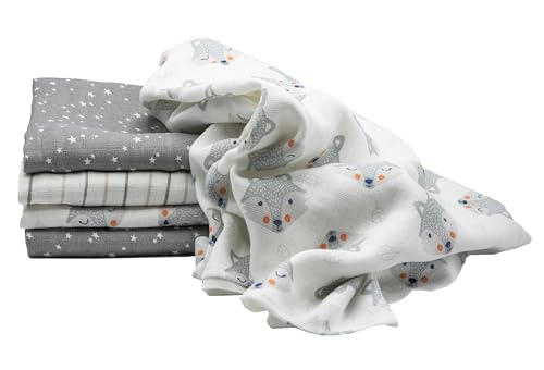 Clevere Kids Mulltücher | 5er-Pack | Kleiner Fuchs hellgrau und Sterne |...