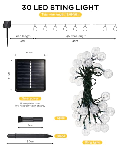 Auting Solar Lichterkette Aussen, Lichterkette außen solar, 6M, 30LED, 8 Modi, IP65 Kristall Kugeln Wasserdicht für Garten, Balkon Deko, Terrassen, Weihnachten, Hochzeiten, Partys, Bäume, Warmweiß