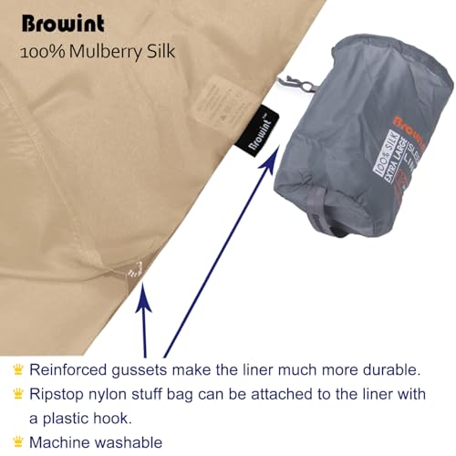 Image of BROWINT Silk Sleeping Bag Liner, Silk Sleep Sack, Extra Wide 87 inchx43 inch & 87 inchx34 inch, Lightweight Travel Sheet for Hotels, Envelop Style 73 inchx34 inch, Hooded Mummy 87 inchx41 inch, More Colors, Reinforced Gussets