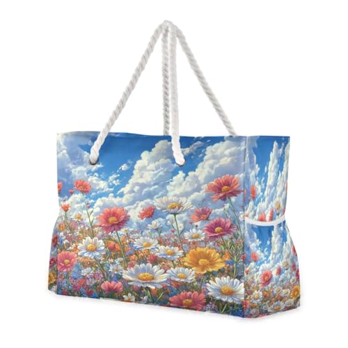 Colorful Wildflowers Beach Bag with Top Zipper Closure, Waterproof Pool Bag, Large Beach Tote for Women#717